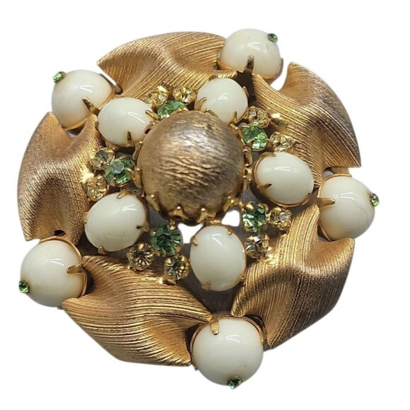 Alice Caviness Vintage 1950s Gold-Tone Brooch White Cabochons Green Rhinestones - Picture 1 of 14